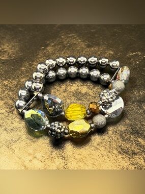 🖤Vintage Black, Gray & Copper Tone Faceted Retro Beaded Stretch Bracelet /EUC🖤